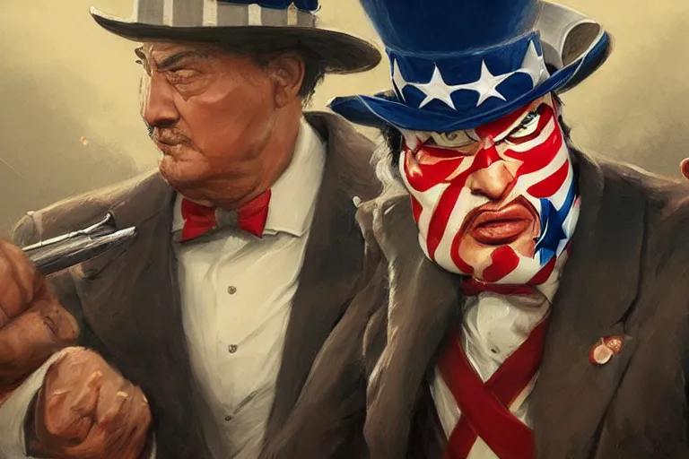 Image similar to painting of uncle sam punching steven seagal, fantasy, intricate, elegant, highly detailed, digital painting, artstation, concept art, smooth, sharp focus, illustration, art by greg rutkowski, masterpiece, perfect composition, award - winning photography