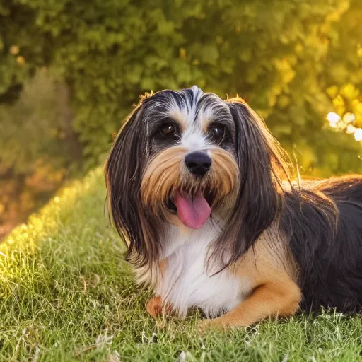 Image similar to a cute mutt who is half long haired dachshund and half shih tzu, laying under a tree on a farm, golden hour, promised land