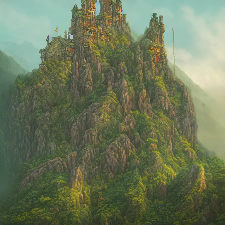 Image similar to a beautiful ultradetailed painting of high fantasy surreal arcane castle on a green mountain above a forest by wes anderson trending on artstation