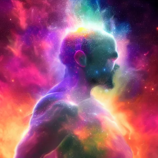 Image similar to photorealistic fantasy cosmic concept art of a cosmic god made out of nebulas and the cosmos hovering in a unknown galaxy, fully body portrait, cinematic, dynamic lighting, ultra detailed, creative, trending on art station, creative