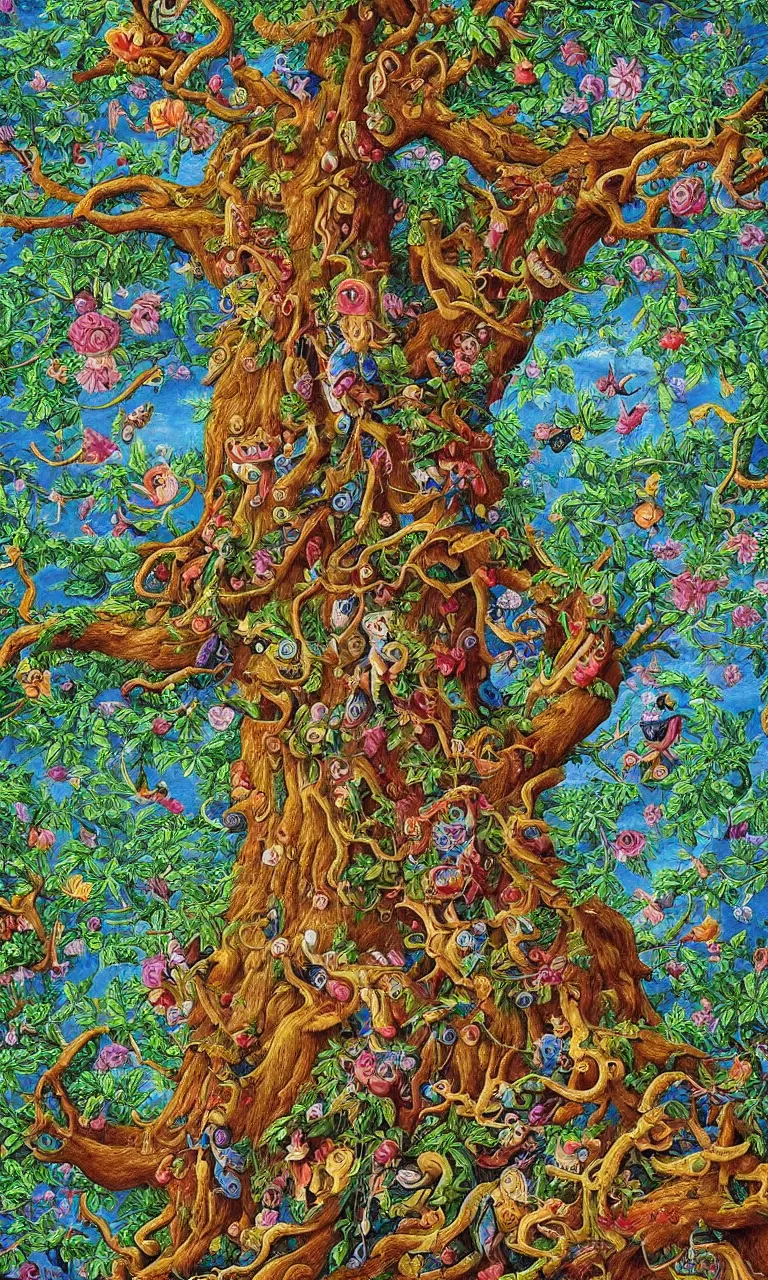 Prompt: an incredibly detailed masterpiece painting of a giant tree by bosch and lisa frank, ornate, beautiful, bold colors, detailed, high resolution, wow!, intricate