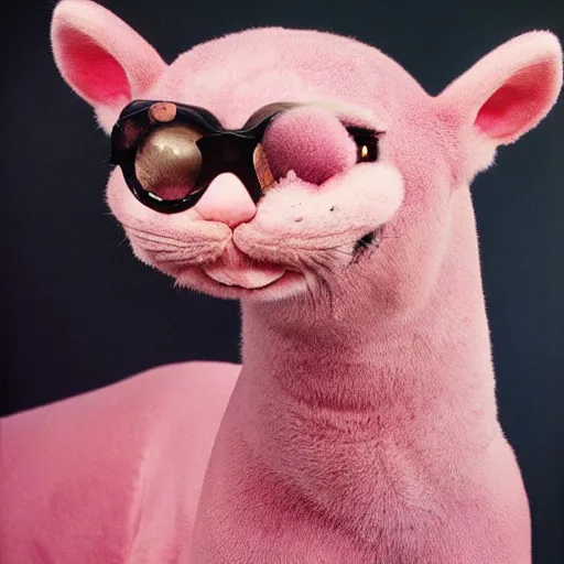 Prompt: realistic portrait of a pink panther, photo by annie leibowitz,
