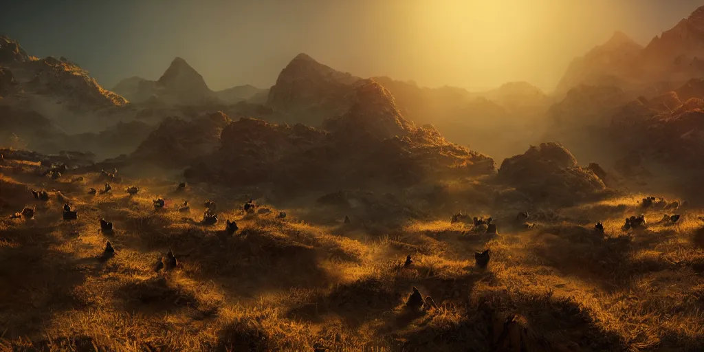 Image similar to troops of cats over the mountains in the sunset, superwide angle, redscale photography, light through the mist, dramatic lighting, photorealistic, cinematic lighting, high detail, cinematic feel, high octane, 4K, Unreal Engine, digital render, intricate, ultra realistic, concept art