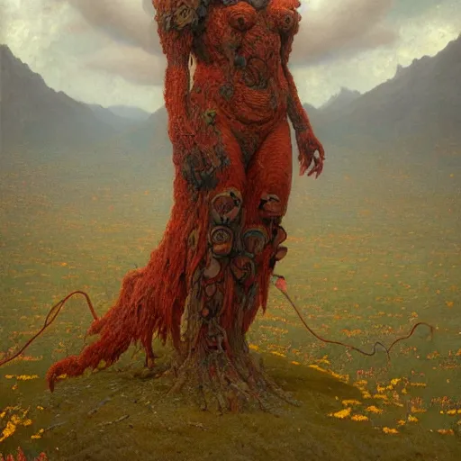 Image similar to A giant monster woman wearing clothes made out of thunder clouds and flowers red skin, mountains, Masterpiece, glowing, wires everywhere, by Edgar Maxence and Ross Tran, Zdzisław Beksiński, and Michael Whelan, distant, gustav dore, H.R. Giger, 8k, octane render