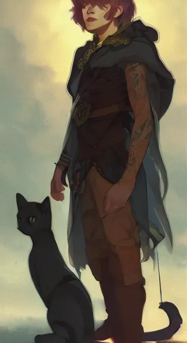 Image similar to Full body portrait of a cute mage in his twenties with cat ears. Award-winning digital art, trending on ArtStation. Art by Greg Rutkowski and Alphonse Mucha