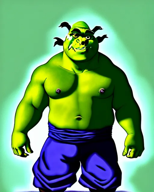 Prompt: Shrek in the role of Goku, digital art