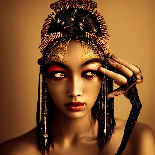 Prompt: A beautiful artistic portrait by Zhang Jingna, african tribal makeup, beautiful lighting, fashion photography