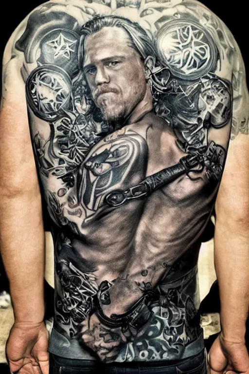 Image similar to Photorealistic half body Portrait of Jax Teller as a very attractive muscular biker, all his skin covered by flowers, elvish symbols and and dark grim themed tattoos. surrounded by magic lightings overlays, Intricate, concept art, magic lighting overlays, magical portal opened, D&D!, fantasy style, sharp focus!, ultra detailed, art by Artgerm and Peter Andrew Jones, WLUP, Magali Villeneuve