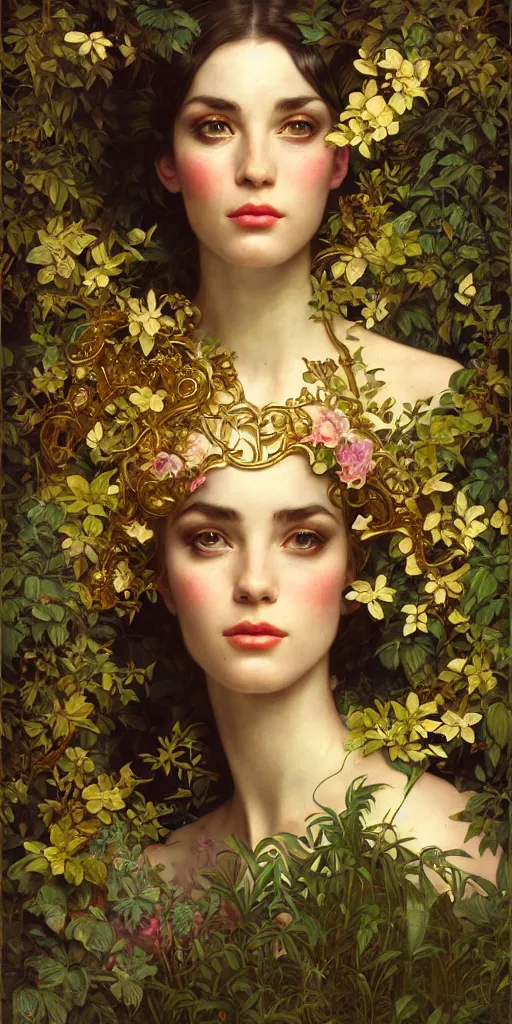 Image similar to hyper realistic photographer looking through a vintage medium format camera, design on white background, beautiful details, lush foliage cyberpunk, gold, drawn by john singer sargent, tom bagshaw, norman rockwell, alphonso mucha, lolish, trending on artstation