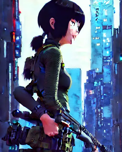 Image similar to girl wearing in tactical gear | | audrey plaza, fine detail!! anime!! realistic shaded lighting!! dramatic!! poster by ilya kuvshinov katsuhiro otomo ghost - in - the - shell, magali villeneuve, artgerm, jeremy lipkin and michael garmash and rob rey