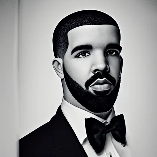 Image similar to monochrome head portrait of drake wearing a black suit and a monocle with a serious expression on his face, black background, 8 k, very intricate, very detailed,