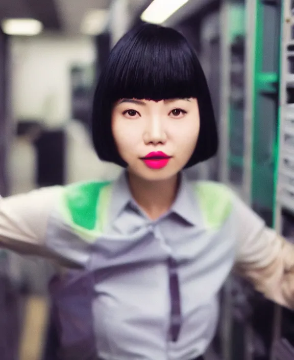 Image similar to asian girl, bobbed and bowl cut hair, pine green hair color, standing in a server room, wearing business casual dress, 4 k, vaporwave, cinecolor, perfect detail