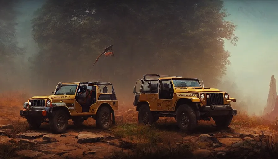 Image similar to Mahindra thar, tribe members watching nearby, an epic fantasy, dramatic lighting, cinematic, establishing shot, extremely high detail, photorealistic, cinematic lighting, artstation, by simon stalenhag, horizon forbidden west