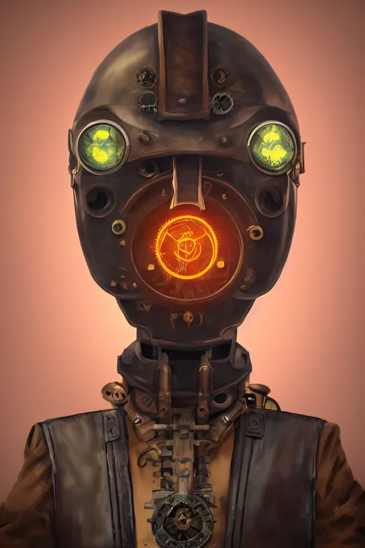 Image similar to steampunk mask minimalist fantasy art robot ninja helmet, global illumination ray tracing hdr fanart arstation by sung choi and eric pfeiffer and gabriel garza and casper konefal radiating a glowing aura