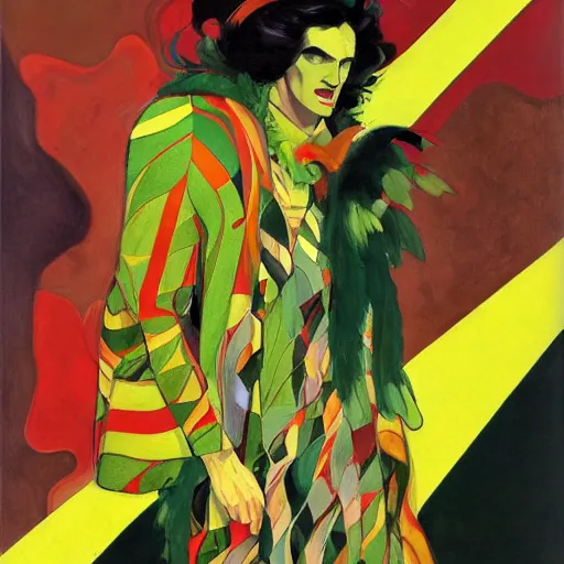 Image similar to art by joshua middleton, the creeper, a tall manically smiling yellow - skinned man with green and black striped trunks and wearing a red feather boa, mucha, kandinsky, poster, comic art, stylised design