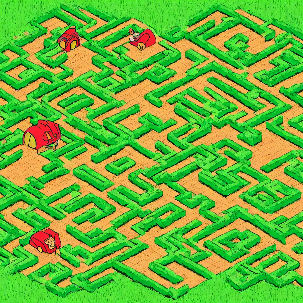 Image similar to wimmelbilder maze made of lawn with cartoon child mowing, isometric, very sharp