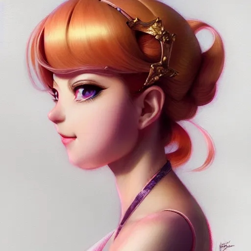 Prompt: 3 / 4 view of a portrait of princess peach, confident pose, pixie, genshin impact,, intricate, elegant, sharp focus, illustration, highly detailed, concept art, matte, trending on artstation, anime, art by wlop and artgerm and greg rutkowski, ilya kuvshinov, strong strokes