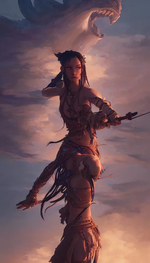 Image similar to highly detailed portrait of beautiful female warrior in avatar, dynamic pose, stephen bliss, unreal engine, fantasy art by greg rutkowski, loish, rhads, ferdinand knab, makoto shinkai and lois van baarle, ilya kuvshinov, rossdraws, tom bagshaw, global illumination, radiant light, detailed and intricate environment