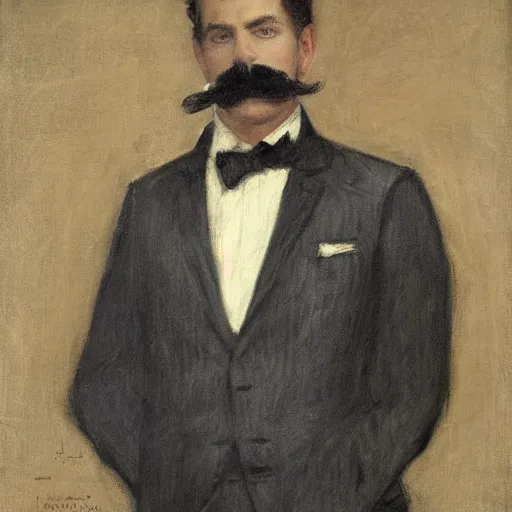 Image similar to action hero, suit, bow tie, mustache by alfred stevens in charcoal