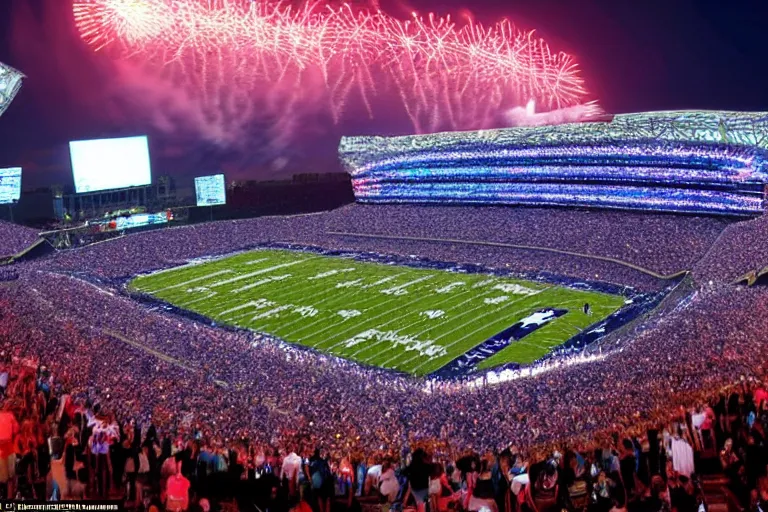 Image similar to !dream a flying whale zooms over an NFL stadium with fireworks cinematic lighting