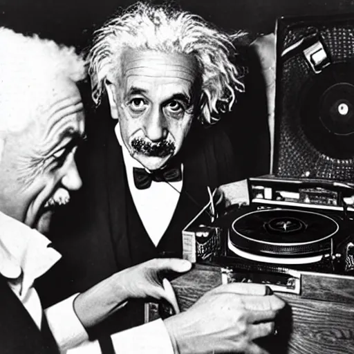 Image similar to photo of Albert Einstein DJing a record player at a nightclub, vintage, highly detailed facial features, at a nightclub