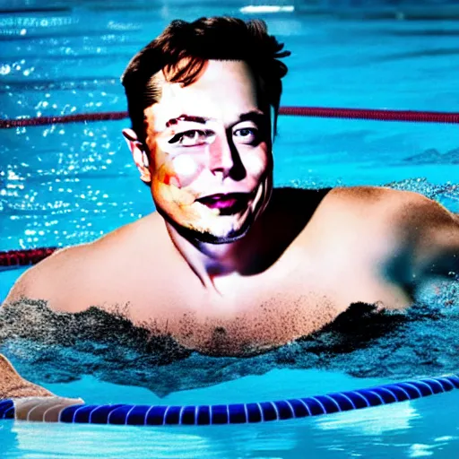 Prompt: Photography of elon musk swimming in a pool surrounded by floating dollar bills