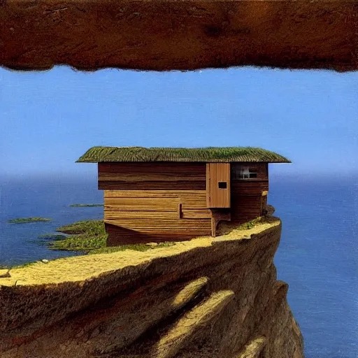 Image similar to A wooden house on a cliff by the sea, by Scott Listfield