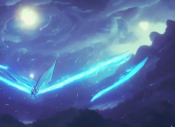 Image similar to a dragon worm flying through the night sky, glowing blue, surrounded by brilliant stars, by sylvain sarrailh, rossdraws, ambient light, ultra detailed, fantasy artwork, cinematic shot, 8 k, volumetric lighting, trending on artstation, award winning, very beautiful.