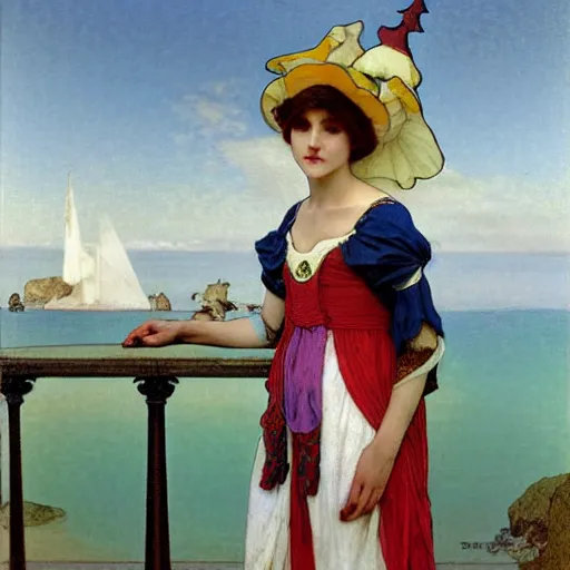 Image similar to A girl with jester hat and clothes on the front of a Balustrade with a beach on the background, major arcana clothes, by paul delaroche, alphonse mucha and arnold böcklin arnold böcklin hyperrealistic 8k, very detailed