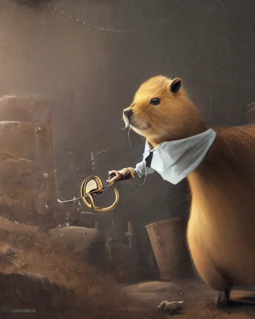 Image similar to oil painting of anthropomorphized capybara holding a smoking pipe, detective clothes, close shot, full body, dark steampunk mine shaft background, sharp focus, fantasy style, octane render, volumetric lighting, 8k high definition, by greg rutkowski, highly detailed, trending on art Station, dungeons and dragons artwork, centered