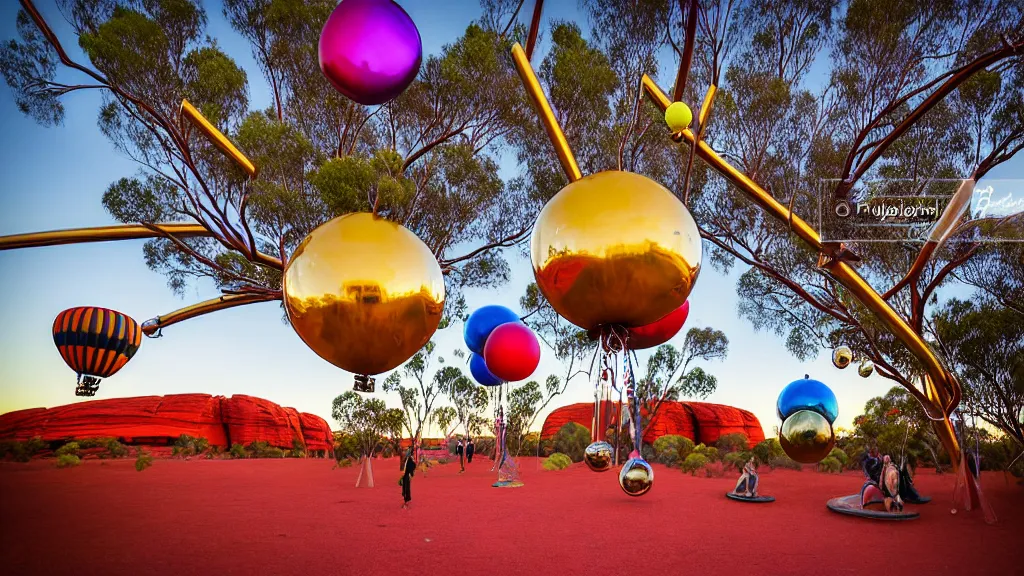 Image similar to large colorful futuristic space age metallic steampunk balloons with pipework and electrical wiring around the outside, and people on rope swings underneath, flying high over the beautiful ayers rock in australia city landscape, professional photography, 8 0 mm telephoto lens, realistic, detailed, photorealistic, photojournalism