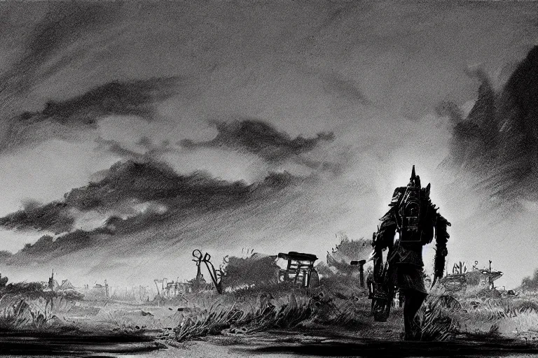 Prompt: dark black and white drawing of a wasteland scavenger