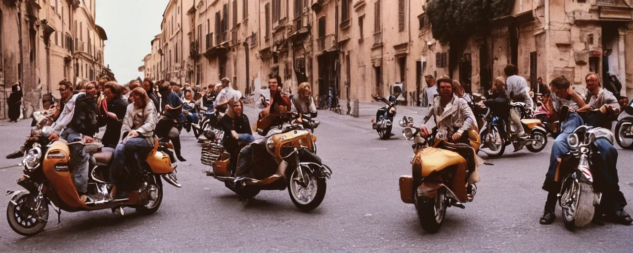 Image similar to a group of people on the streets of rome riding in a motorcycle made of spaghetti, canon 5 0 mm, cinematic lighting, photography, retro, film, kodachrome