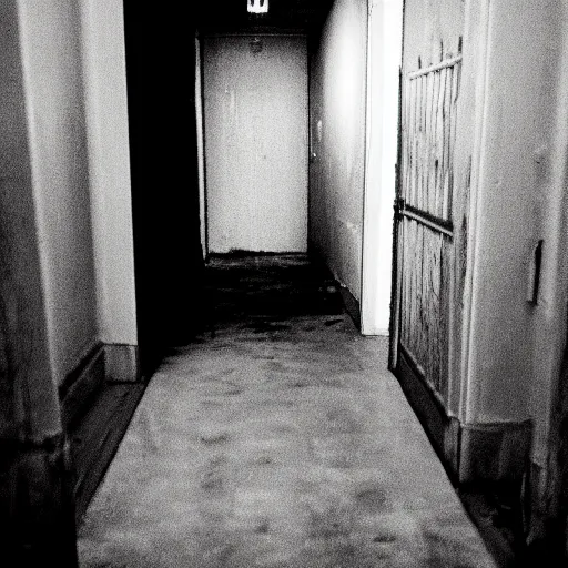 Prompt: photo of a dark hallway with a demonic shadow figure at the end of it