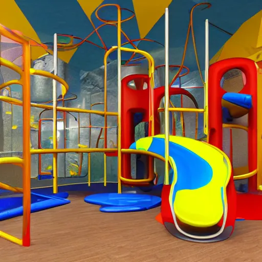 Image similar to an indoor play area with a slide and climbing wall, concept art by bourgeois, dribble, abstract expressionism, polycount, high definition, parallax