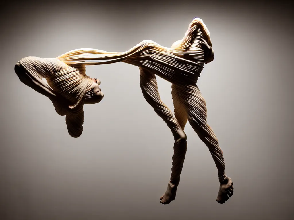 Image similar to a perfect photograph of a woman made of corrugated alabaster. she is floating, contorted and tied in a knot. she has three million legs. perfect focus, studio lighting, maglev chernobyl