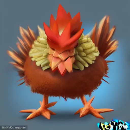 Image similar to A pokemon that looks like a rooster, The coconut shell wrapped around him,The rooster hides inside and sticks his head out to peek，Trending on art station. Unreal engine.