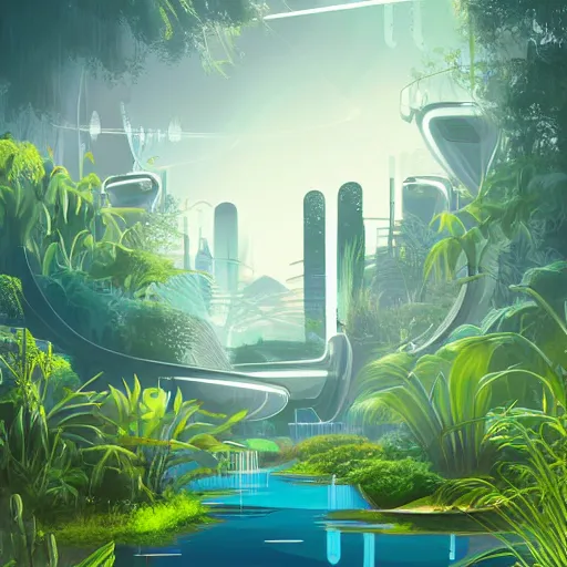 Image similar to beautiful happy picturesque charming organic futuristic sci - fi city in harmony with nature. water and plants. beautiful light. grainy and rough. soft colour scheme. beautiful artistic vector graphic design by lurid. ( 2 0 2 2 )