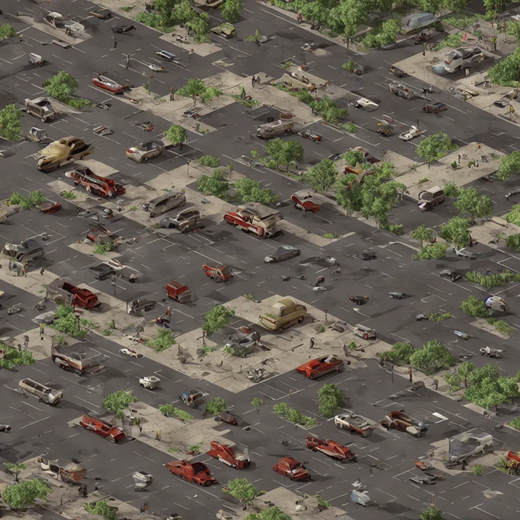 Prompt: an immaculate isometric octane redshift rendering of a Post-apocalyptic retro-futuristic 1950s America at day in the ruins of a freeway littered with old style cars. ambient occlusion. volumetric lighting.