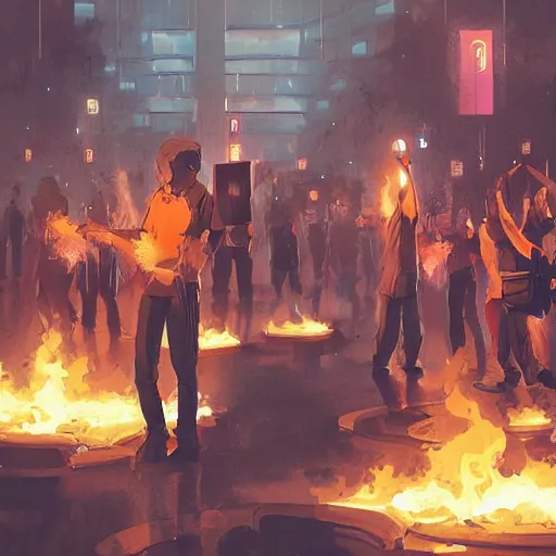 Image similar to protesters holding placards, detailed digital illustration by greg rutkowski, fire, android netrunner