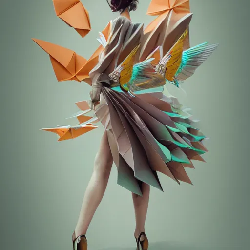 Prompt: 3 / 4 view of a beautiful girl wearing an origami dress, eye - level medium shot, hummingbirds, elegant, by eiko ishioka, givenchy, by peter mohrbacher, centered, fresh colors, origami, fashion, detailed illustration, vogue, high depth of field, japanese, reallusion character creator