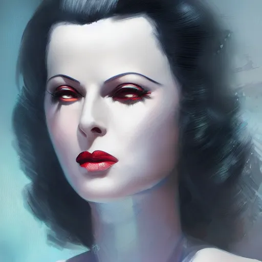 Image similar to young hedy lamarr, neuromancer, cyberpunk, high detail, dramatic light, digital art, dark, promotional art painted by seb mckinnon and greg rutkowski, trending on artstation