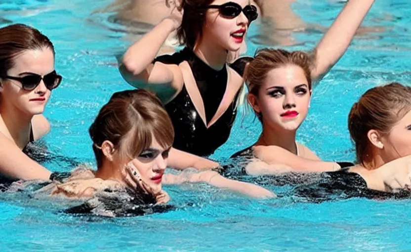 Image similar to emma watson and taylor swift and selena gomez swim together. perfect faces.