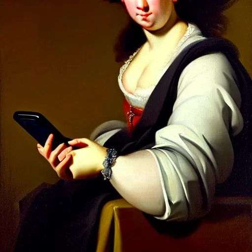 Prompt: portrait of a gorgeous woman holding her smartphone!! oil painting by joseph ducreux, 1 7 th century, art, oil on canvas, wet - on - wet technique, highly realistic, expressive emotions, intricate textures, illusionistic detail, 4 k - h 7 0 4
