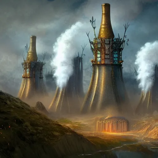 Image similar to a fantasy elven nuclear power plant with steam. award winning digital art, trending on artstation