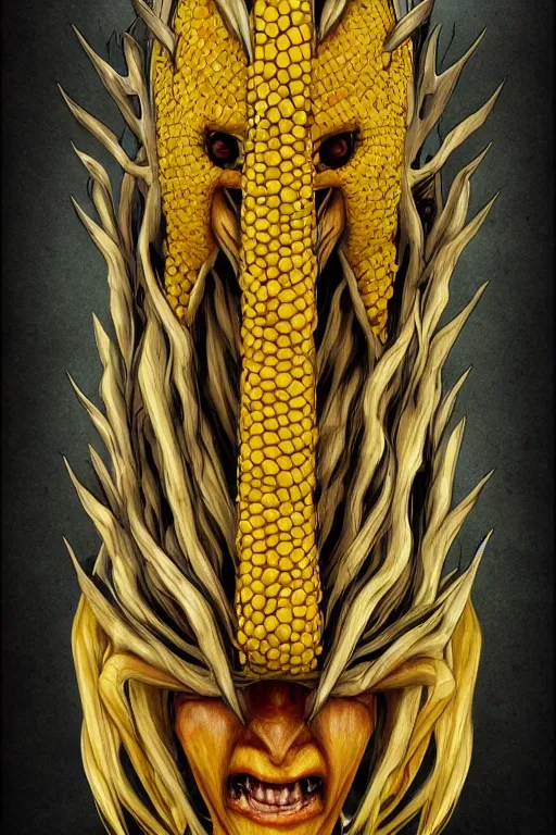 Image similar to corn humanoid figure monster, symmetrical, highly detailed, digital art, sharp focus, trending on art station, anime art style