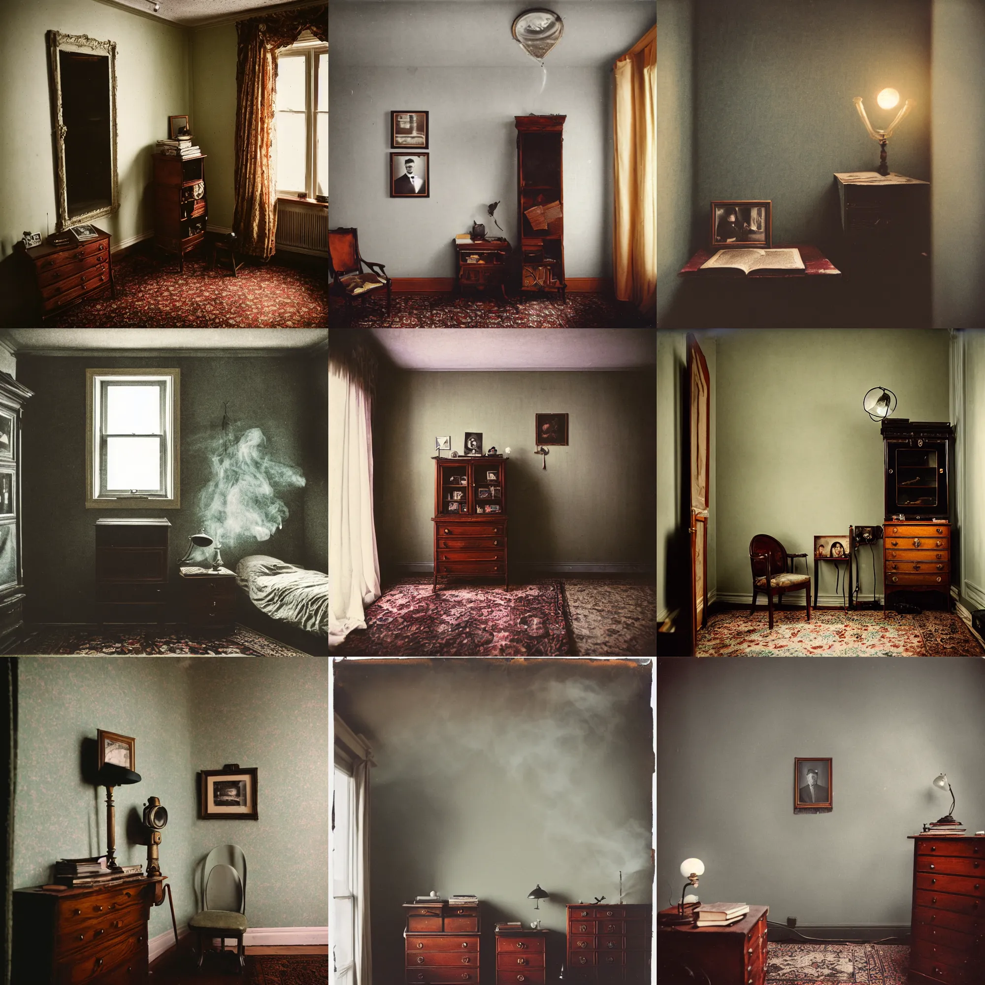 Image similar to kodak portra 4 0 0, wetplate, 8 mm extreme fisheye, award - winning portrait by britt marling, 1 9 2 0 s room, ghost, picture frames, shining lamps, dust, smoke, 1 9 2 0 s furniture, wallpaper, carpet, books, muted colours, wood, fog,