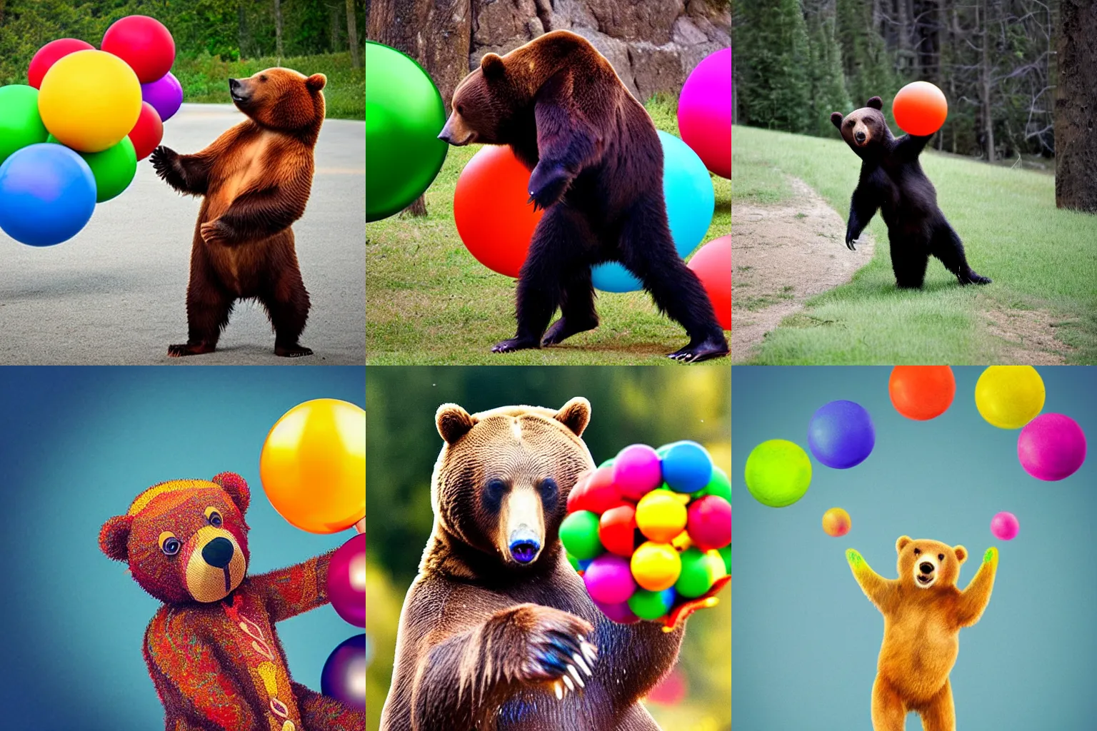 Prompt: a bear juggling colorful balls.