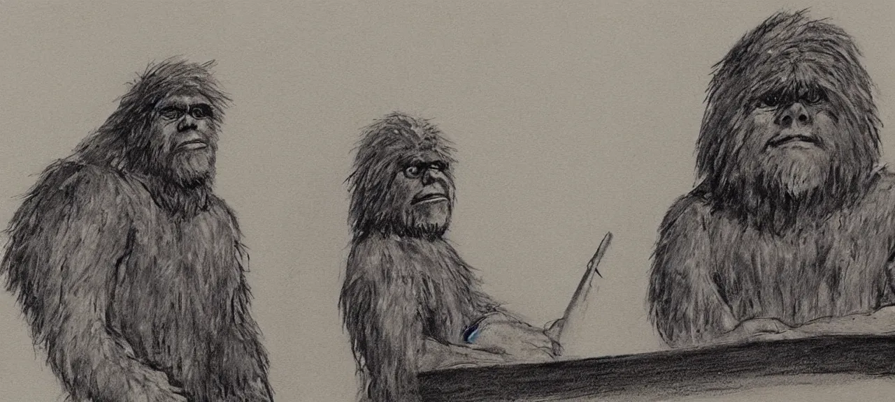Prompt: Courtroom sketch of Big Foot testifying against a hunter