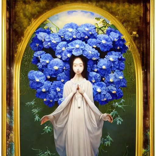 Image similar to breathtaking detailed concept art painting of the goddess of nemophila flowers, orthodox saint, with anxious, piercing eyes, ornate background, amalgamation of leaves and flowers, by Hsiao-Ron Cheng, James jean, Miho Hirano, Hayao Miyazaki, extremely moody lighting, 8K